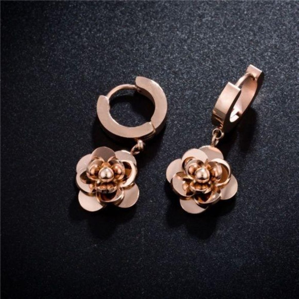 Rose Gold Plated Rose Floral Drop Huggie Earrings - Picture 3 of 5
